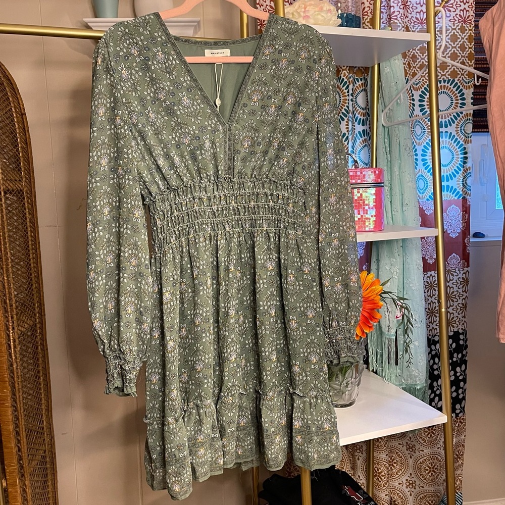 Max Studio Sheer Long Sleeve Mini Dress Sage Medium